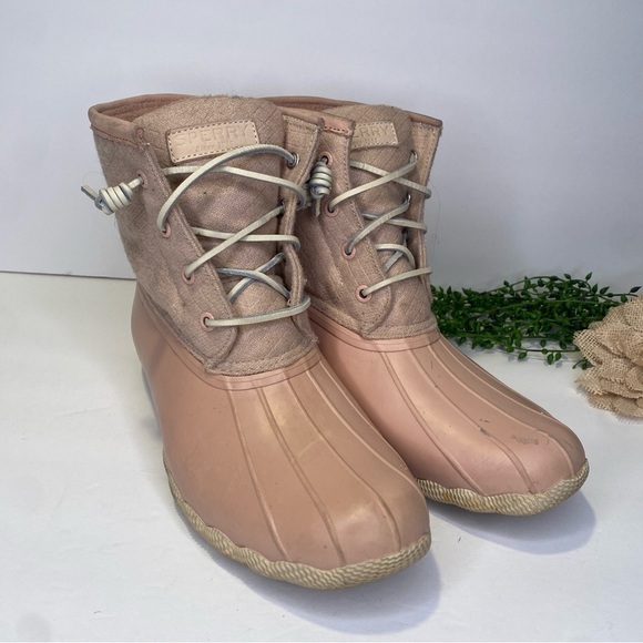 Sperry Top-Sider Saltwater Rain Duck Boots Rose Pink Size 8 Wool Emboss Lining - Picture 1 of 10